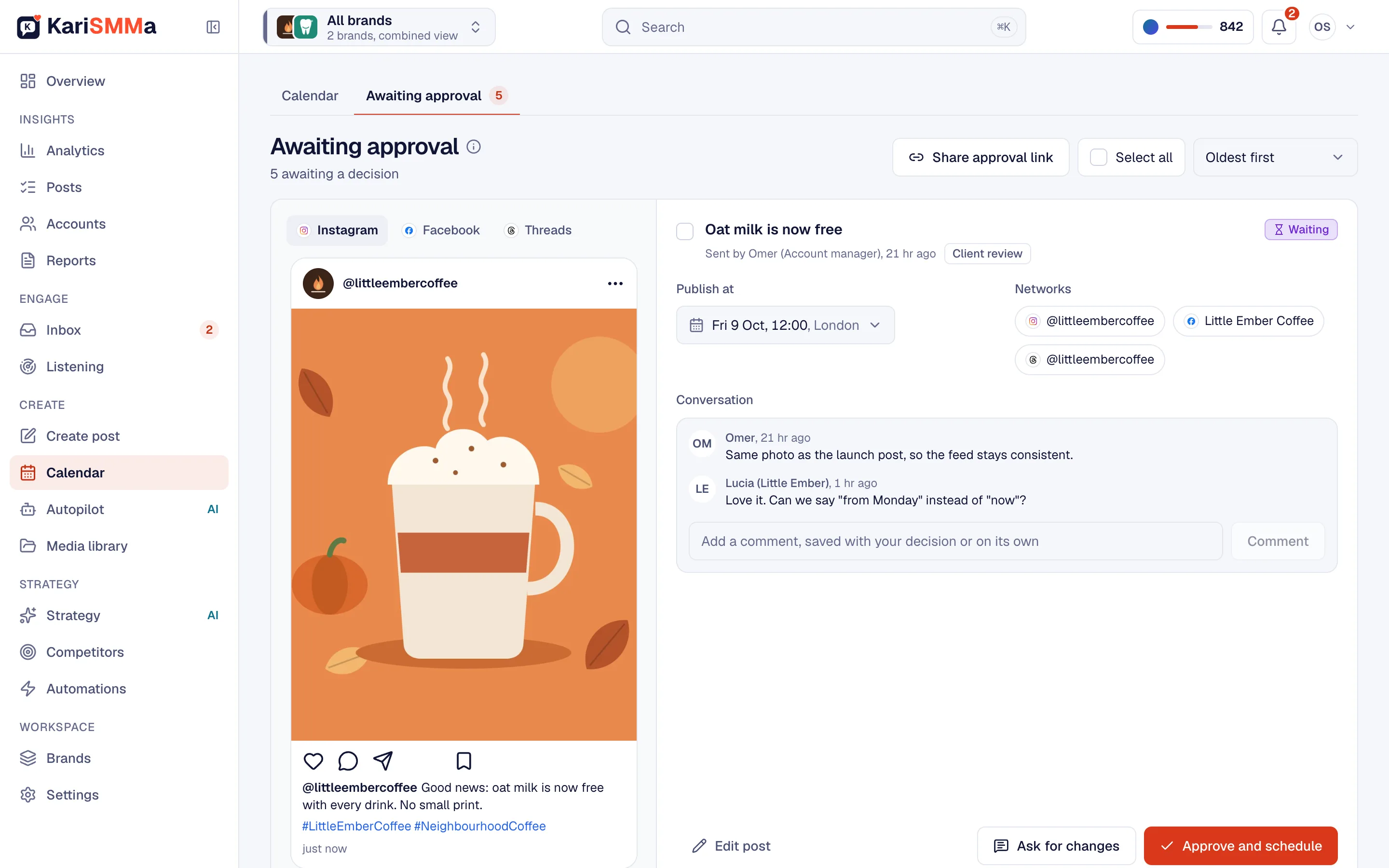 Screenshot of KariSMMa: Awaiting approval with a coffee shop post, the team's comments and the buttons to approve or ask for changes