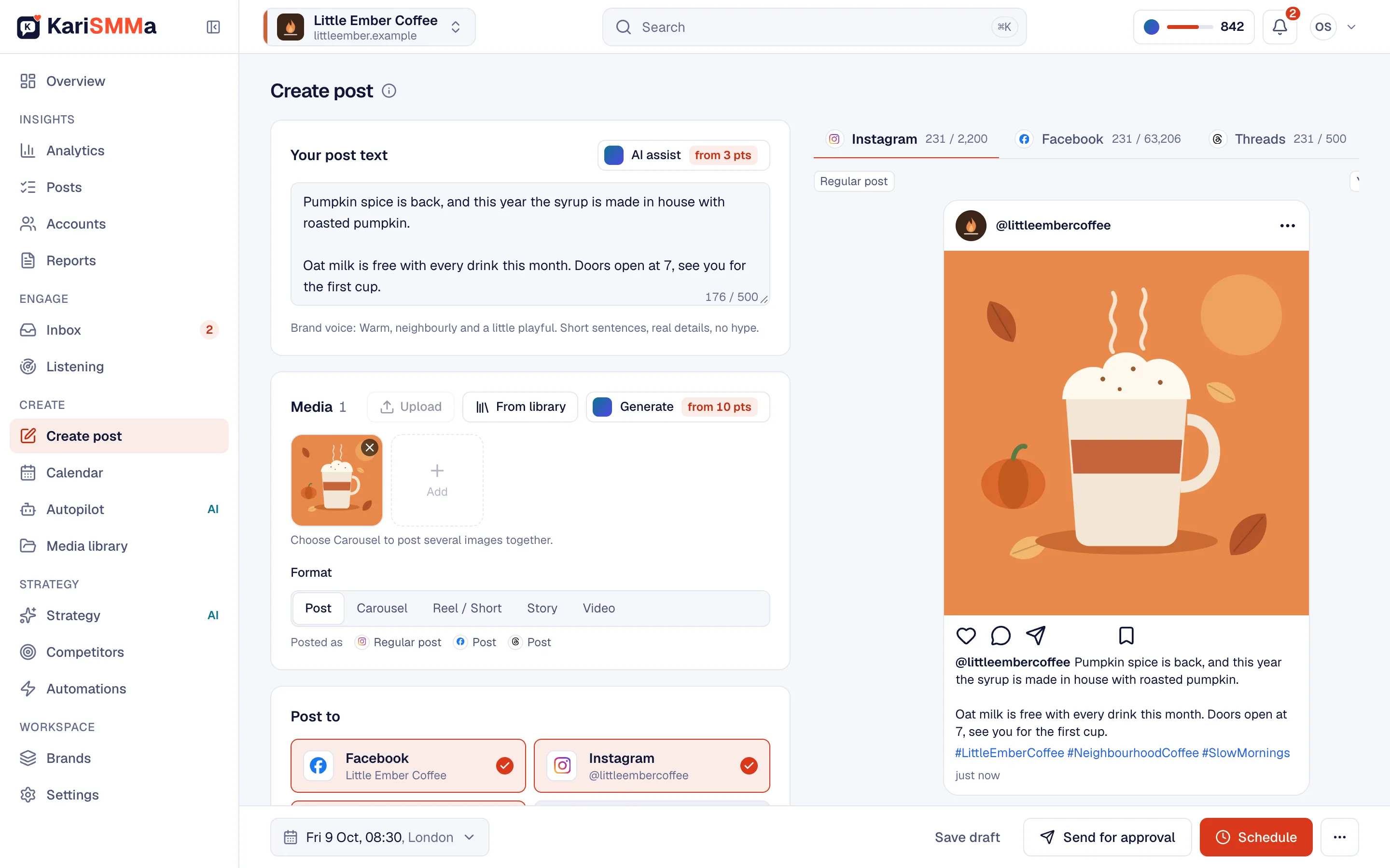 Screenshot of KariSMMa: Create post with the AI assist and image buttons, and a coffee shop post ready for Instagram