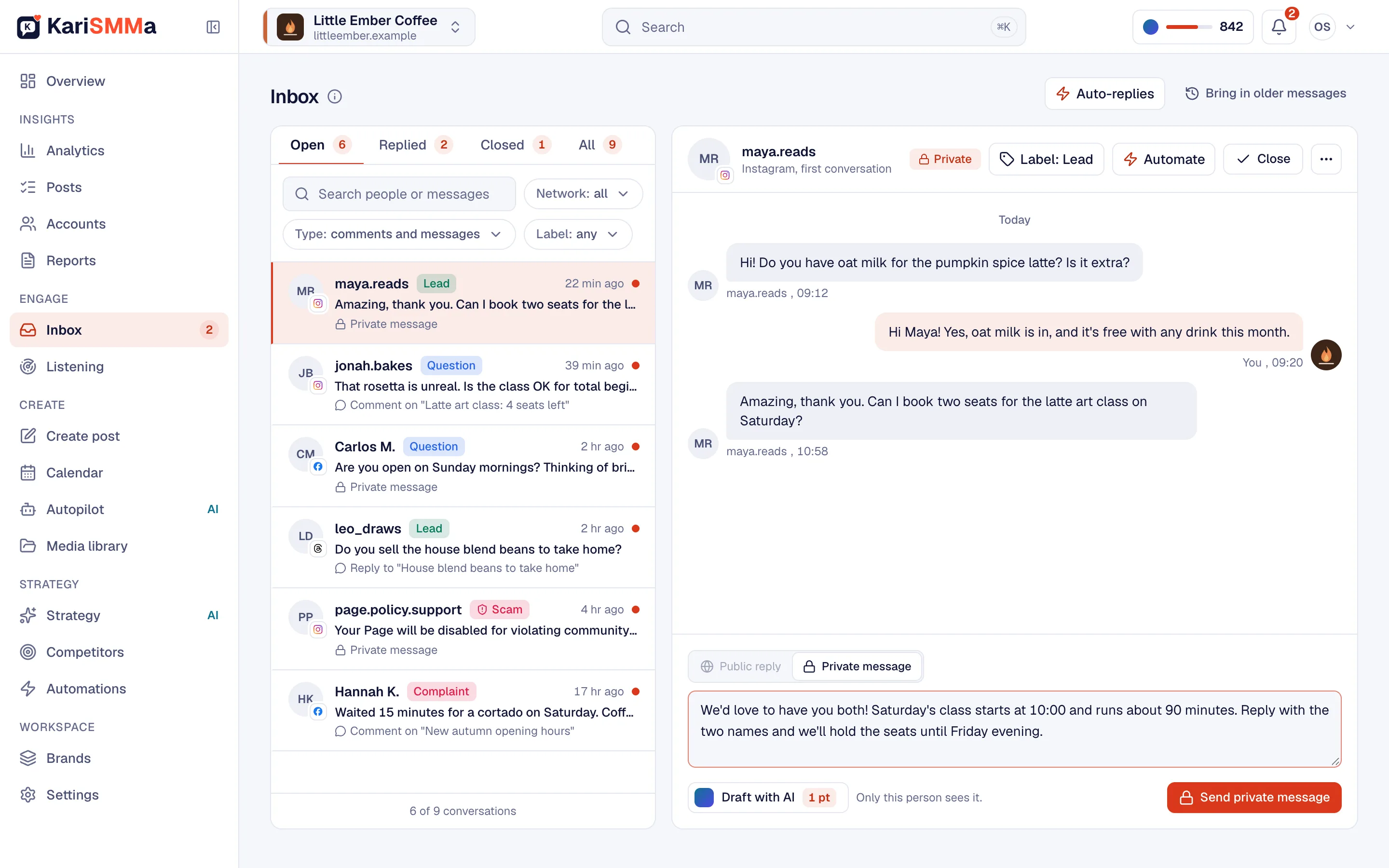 Screenshot of KariSMMa: The inbox with a coffee shop customer's booking question, labels for each message and a reply ready to send