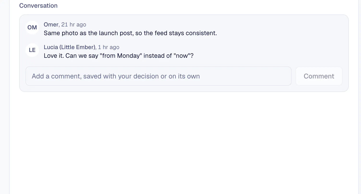 A client's comment on a post waiting for approval