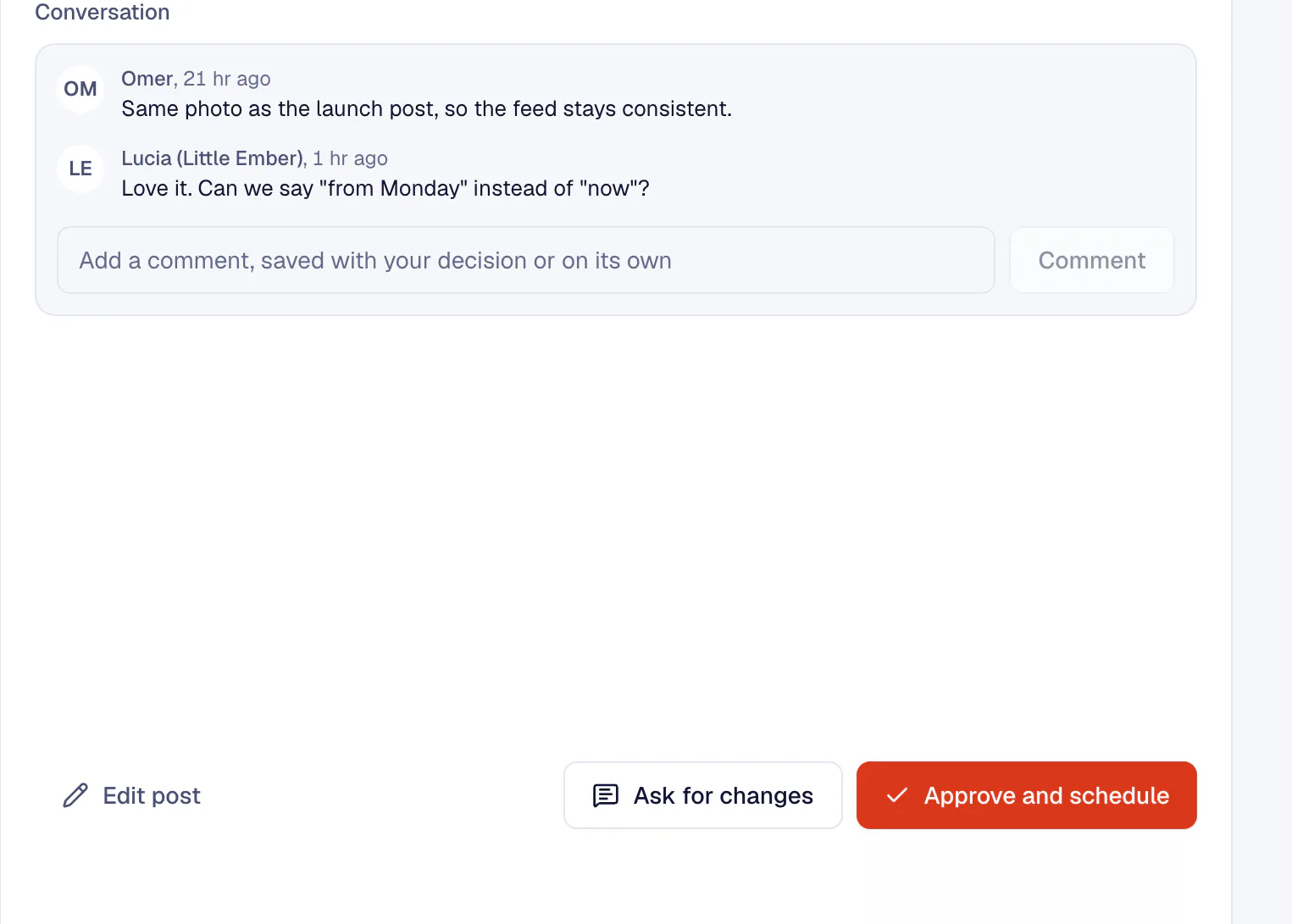 The conversation on a post with the Ask for changes and Approve and schedule buttons