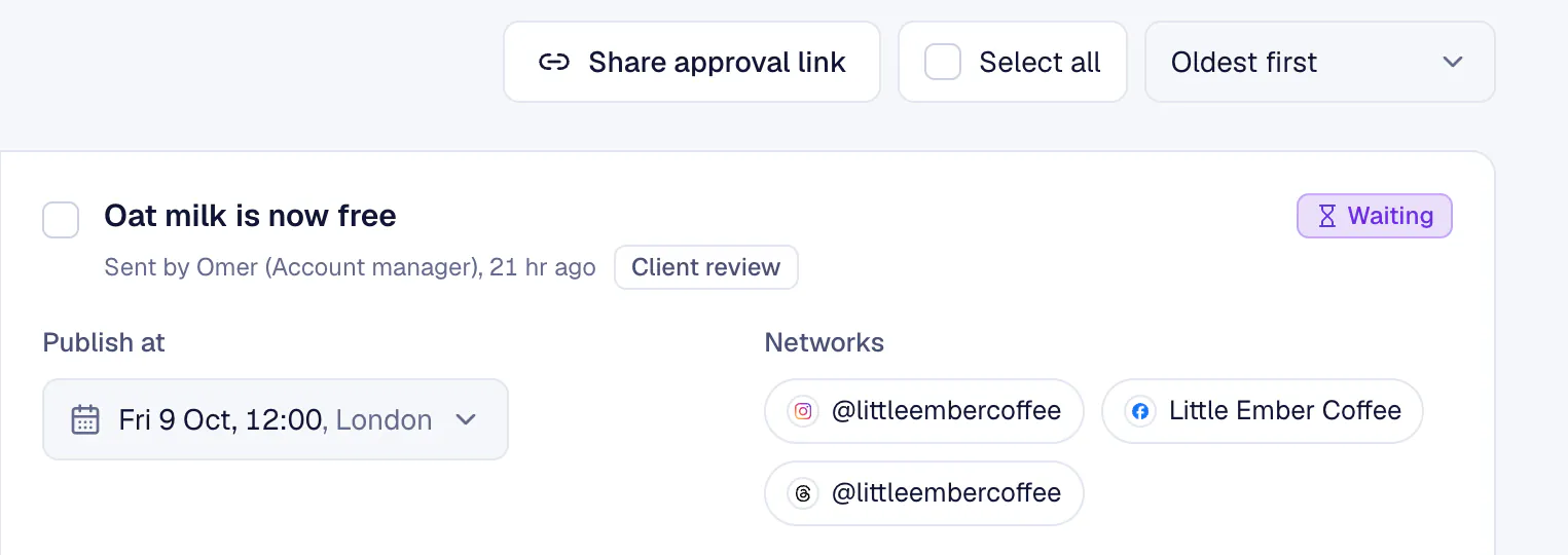 A post marked Waiting, with its publish time and networks
