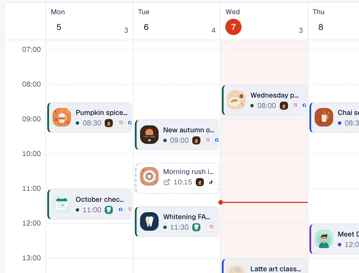 Screenshot of KariSMMa: The calendar's week view filled with scheduled, approved and published posts