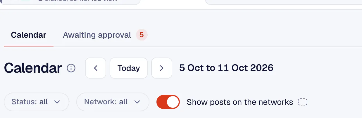 The KariSMMa calendar with the Awaiting approval tab showing five posts