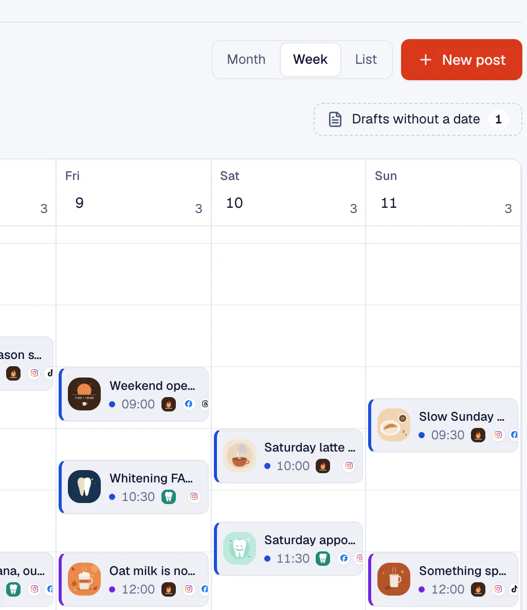 The calendar's Month, Week and List views above a weekend of scheduled posts