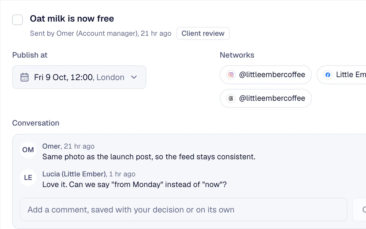A post waiting for approval with the client's comment