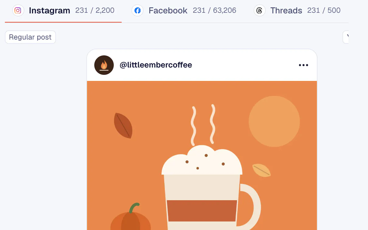 Create post with network tabs and an Instagram preview