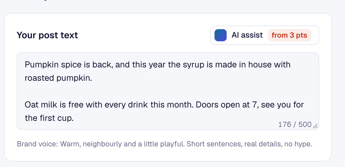Create post: the post text with the AI assist button