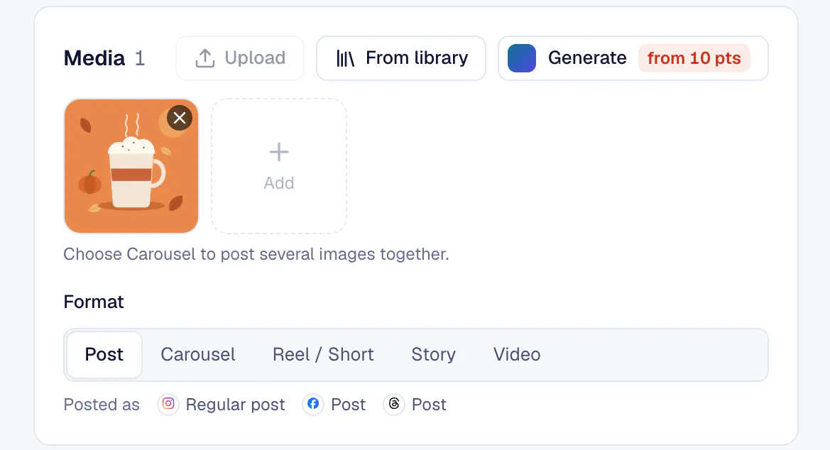 Create post: the formats Post, Carousel, Reel or Short, Story and Video