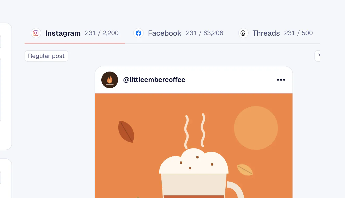 Screenshot of KariSMMa: Create post with one caption tailored for Instagram, Facebook and Threads, and a live preview for each