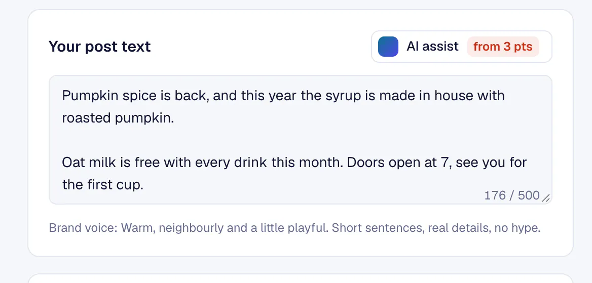 Create post: the brand voice line under the post text