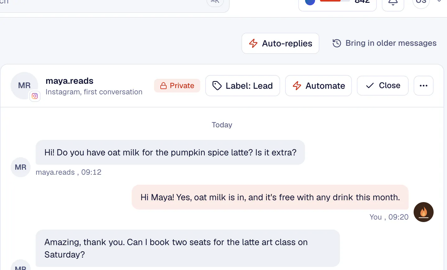The inbox with Auto-replies and Automate