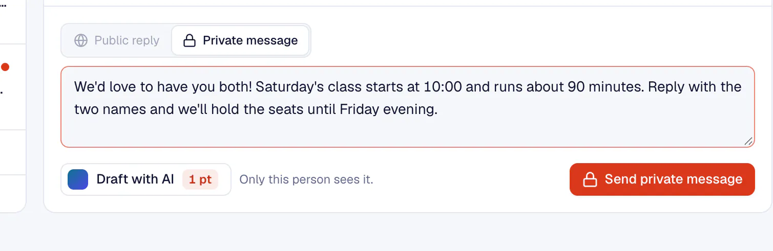 A private reply in the inbox with Draft with AI