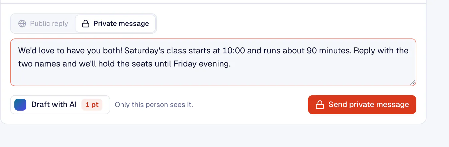 A private reply ready to send from the inbox