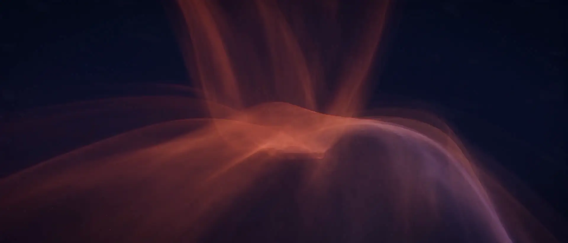 Flowing red-orange ribbons of light on a navy background