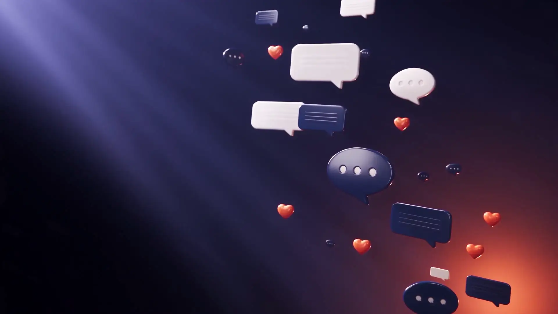 Chat bubbles and red-orange hearts drifting up on a navy background